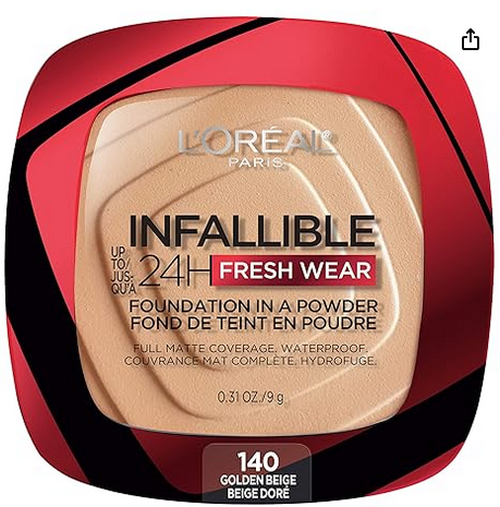 L'Oreal Paris Makeup Infallible Fresh Wear Foundation in a Powder, Up to 24H Wear, Waterproof, Golden Beige, 0.31 oz.